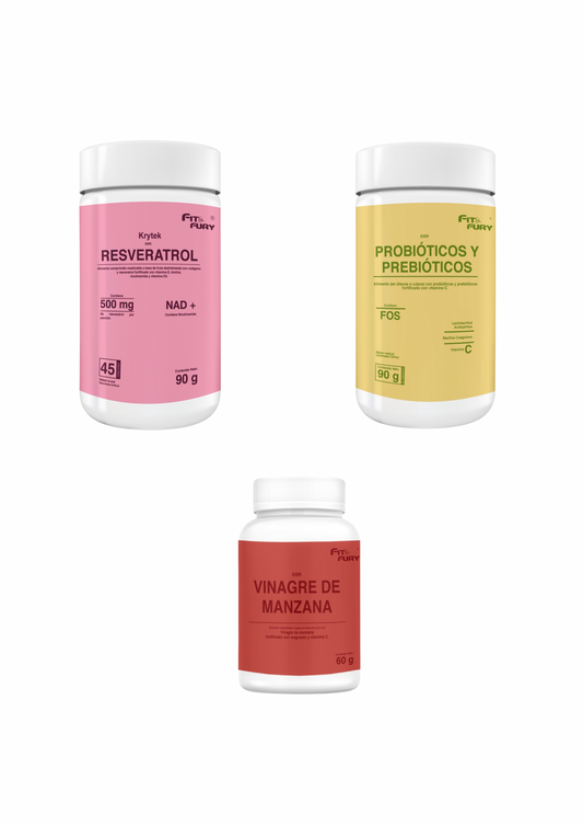 Combo bienestar: Vinagre de manzana + Resveratrol con colágeno + Prebióticos y Probióticos