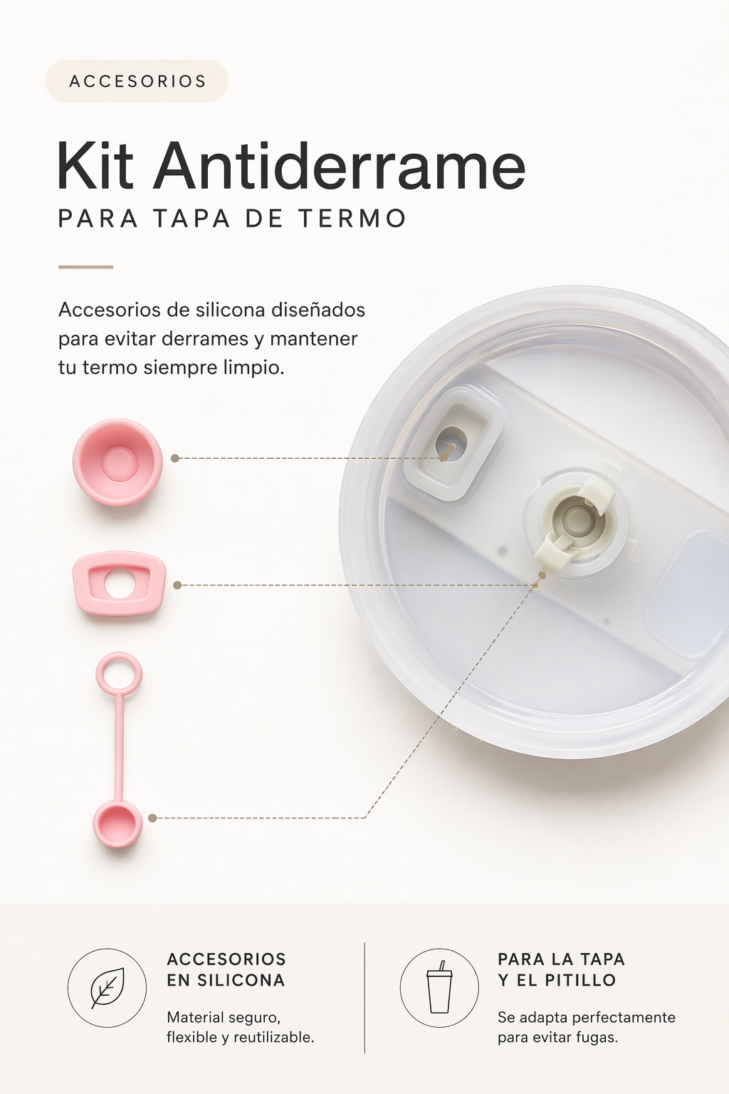 Base en Silicona 7 cm y Accesorios Antifugas para Termos 40 onzas