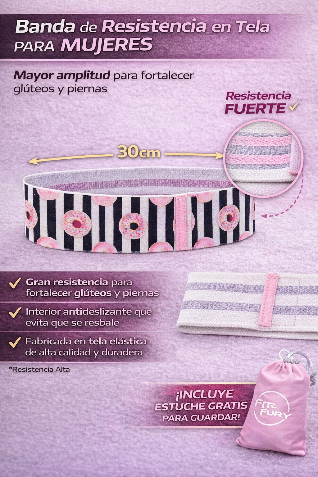 Banda elástica resistencia tela fitness pro| Banda para hacer ejercicio| edición Donas