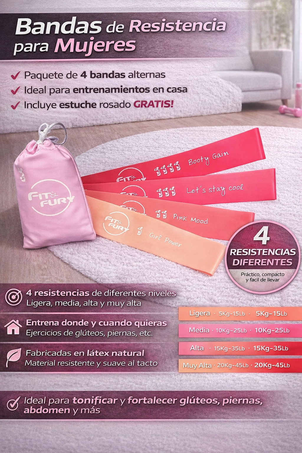 Set x 4 bandas elásticas de resistencia- Edición Motivación